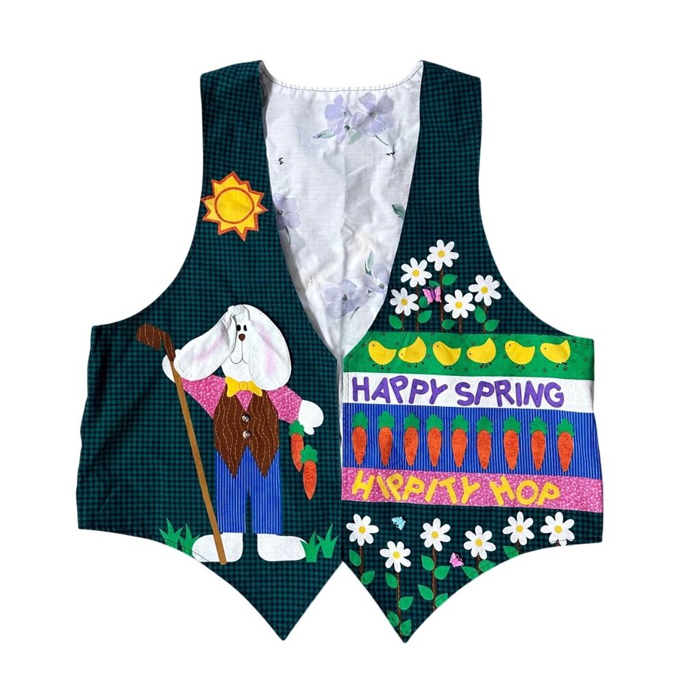 Handmade Vest Easter Bunny Rabbit Carrot Happy Spring Flower Kitschy Open Front - Picture 2 of 6